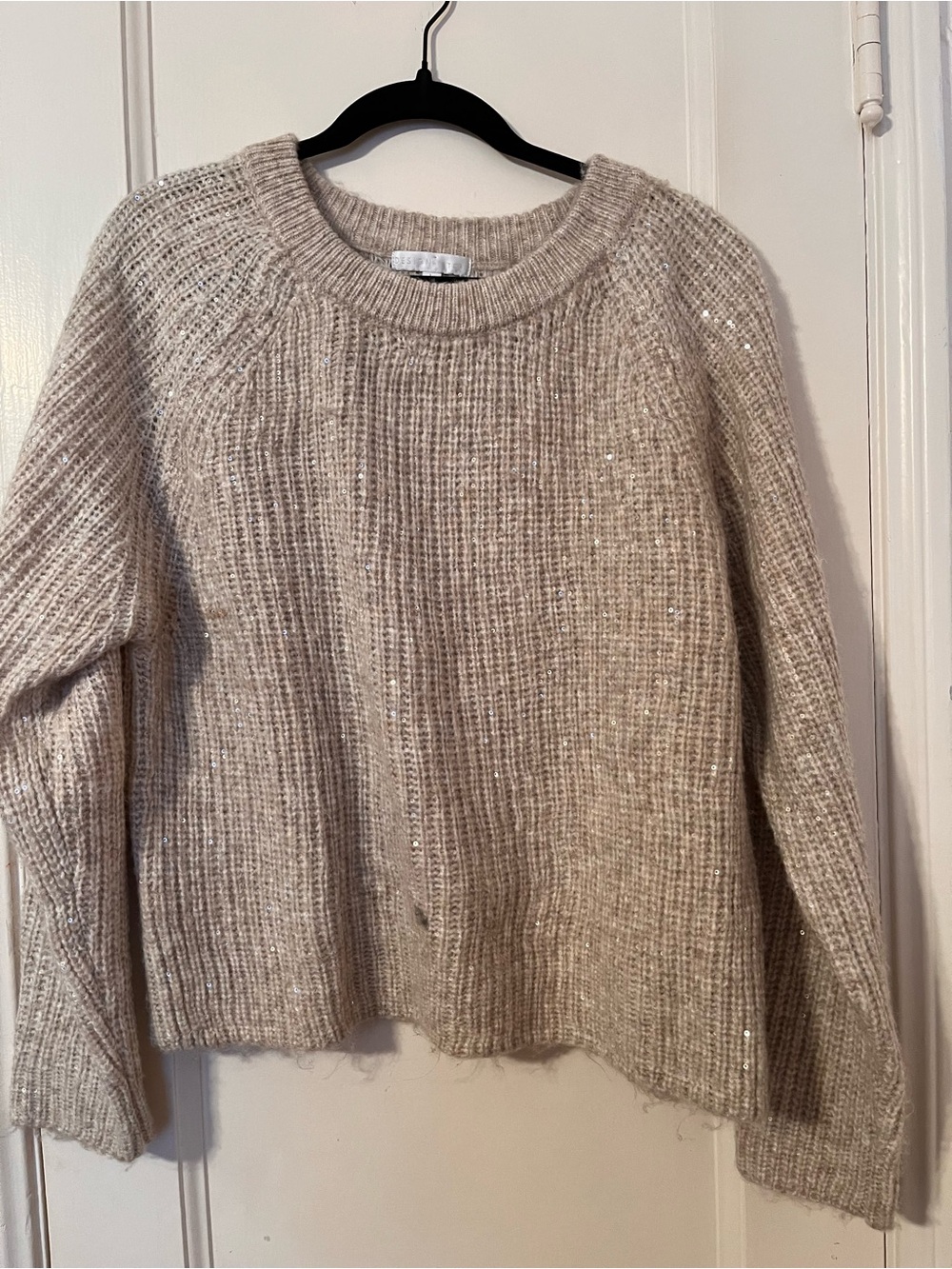 Design History Sequin Chunky Knit Crewneck Sweater Beige Tan Size L